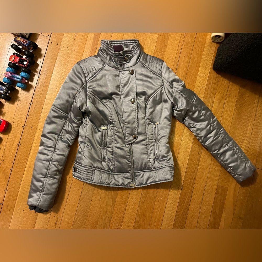 Zella silver grey puffer moto motorcycle jacket M winter coat Nordstrom shiny